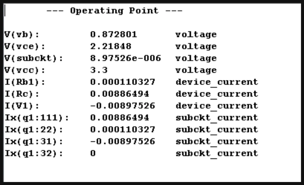 LTspice operating-point results for the transistor